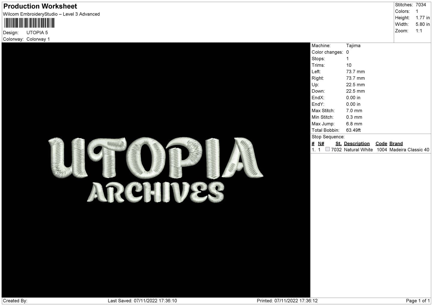 Utopia Embroidery File 6 sizes