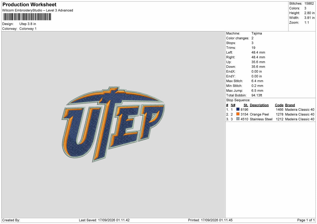 Utep Text Embroidery Machine Design File 6 sizes