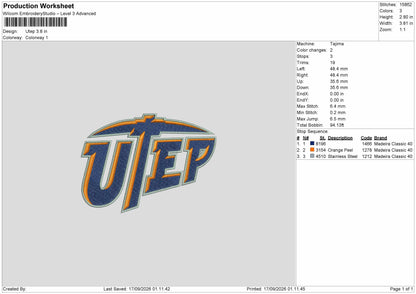 Utep Text Embroidery Machine Design File 6 sizes