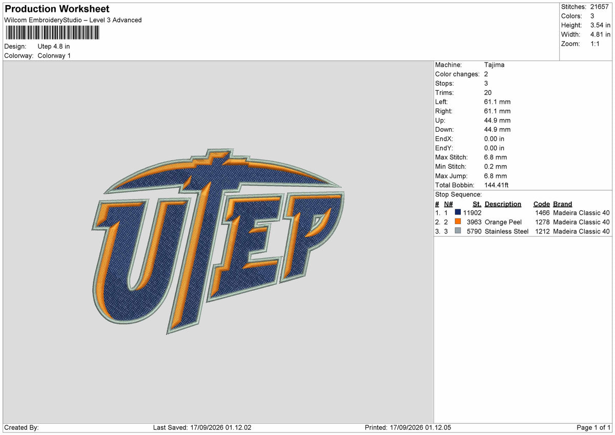 Utep Text Embroidery Machine Design File 6 sizes