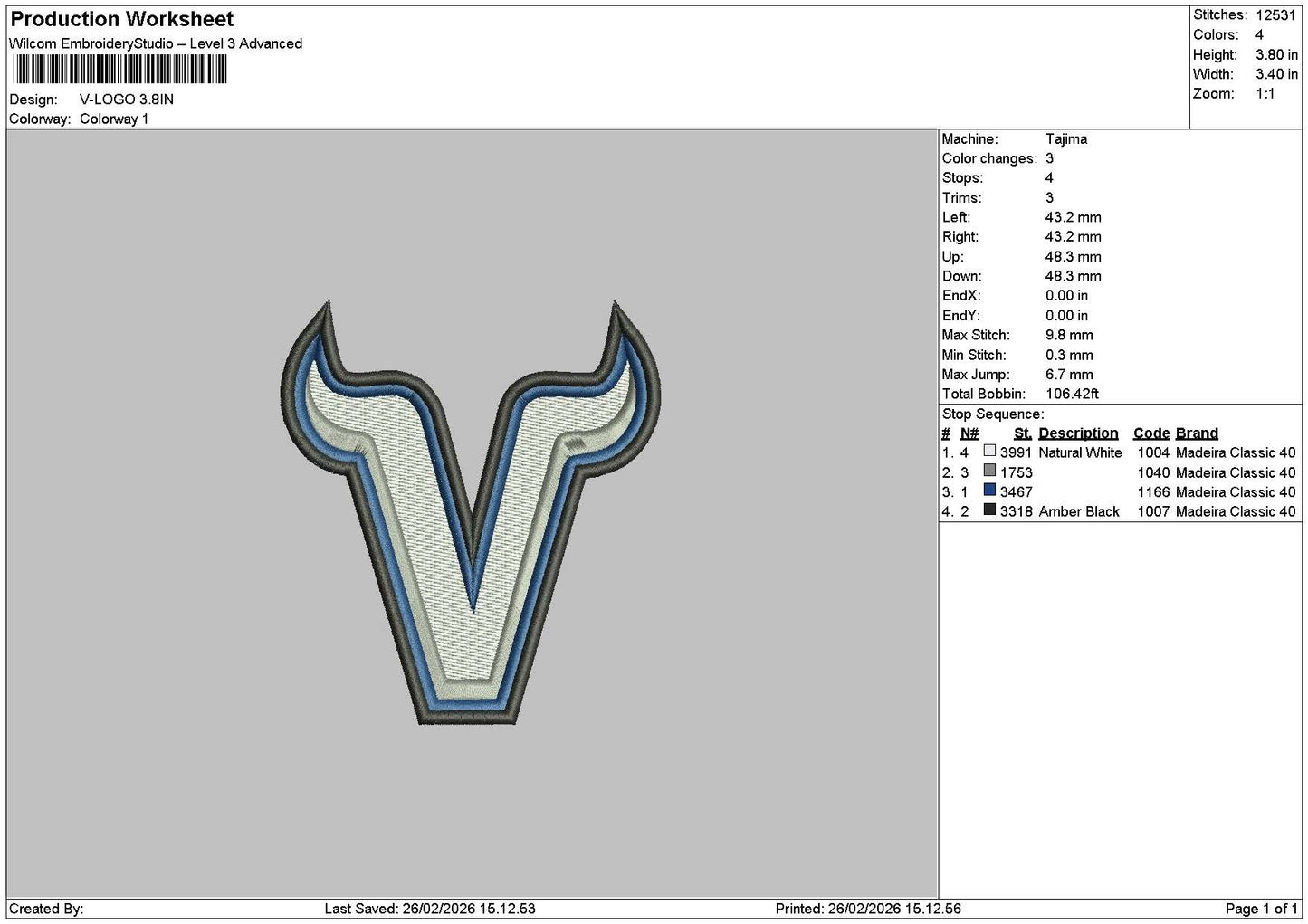 V Logo 2602 Embroidery File 6 sizes