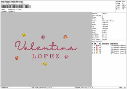 Valentina V2 Embroidery File 6 sizes
