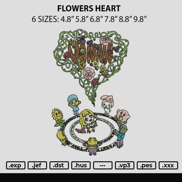 Flowers Heart Embroidery File 6 sizes