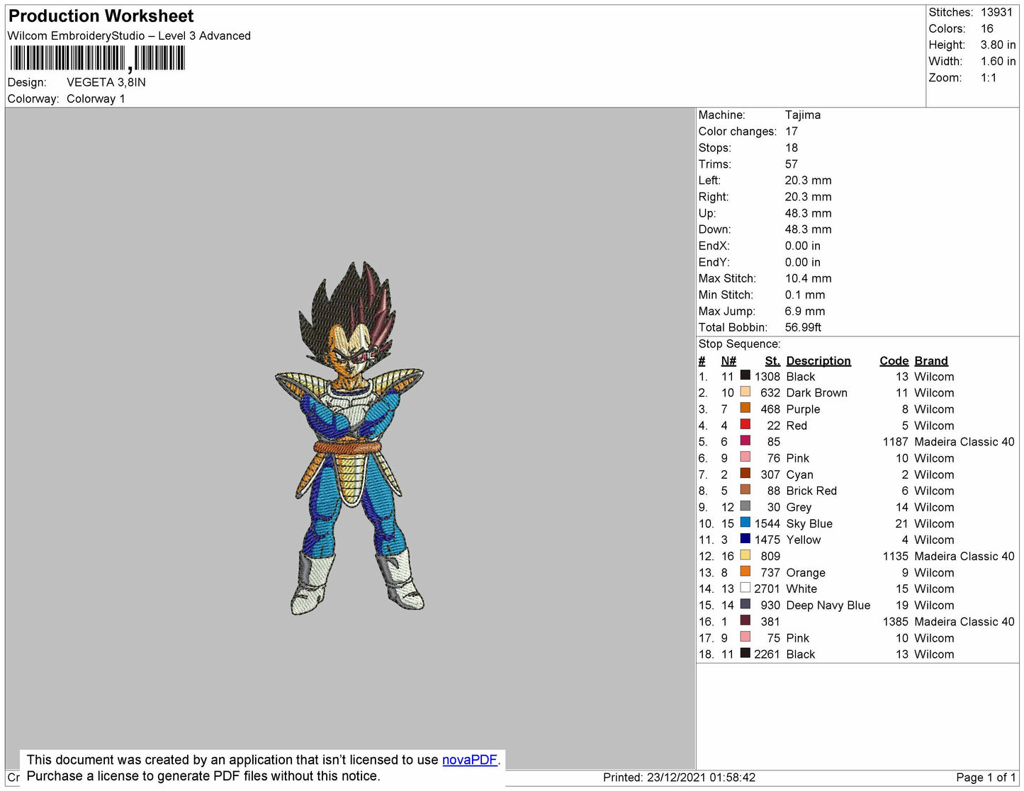 Vegeta Embroidery File 4 size