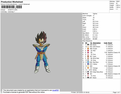 Vegeta Embroidery File 4 size