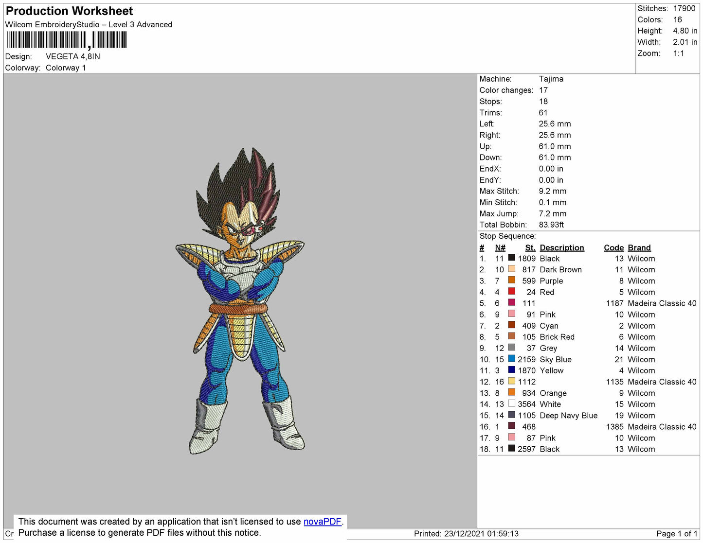 Vegeta Embroidery File 4 size