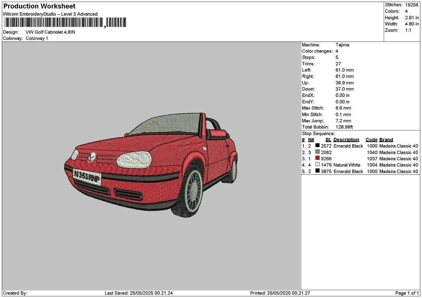 Red Car 2505 Embroidery File 6 sizes