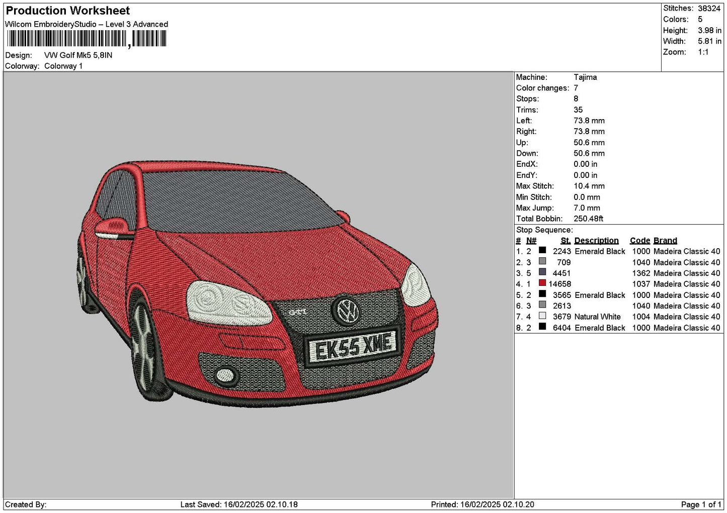 Red Car 1602 Embroidery File 6 sizes