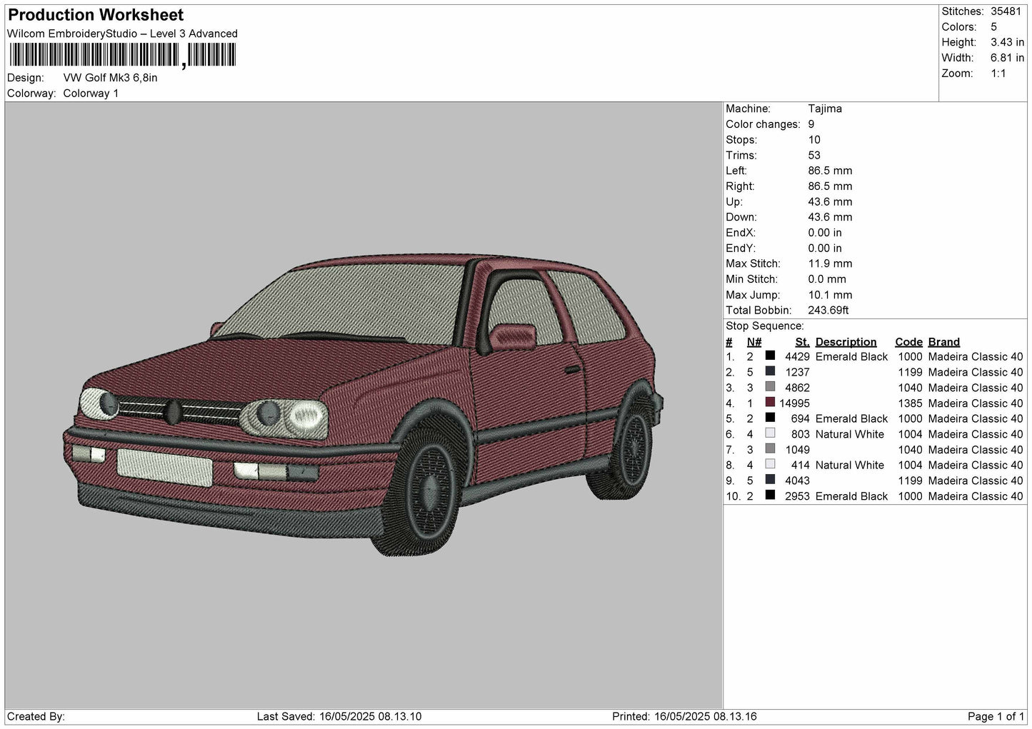 VW Golf MK3 Embroidery File