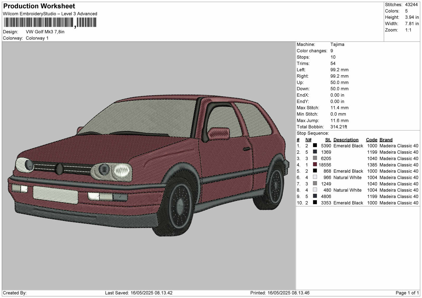 VW Golf MK3 Embroidery File