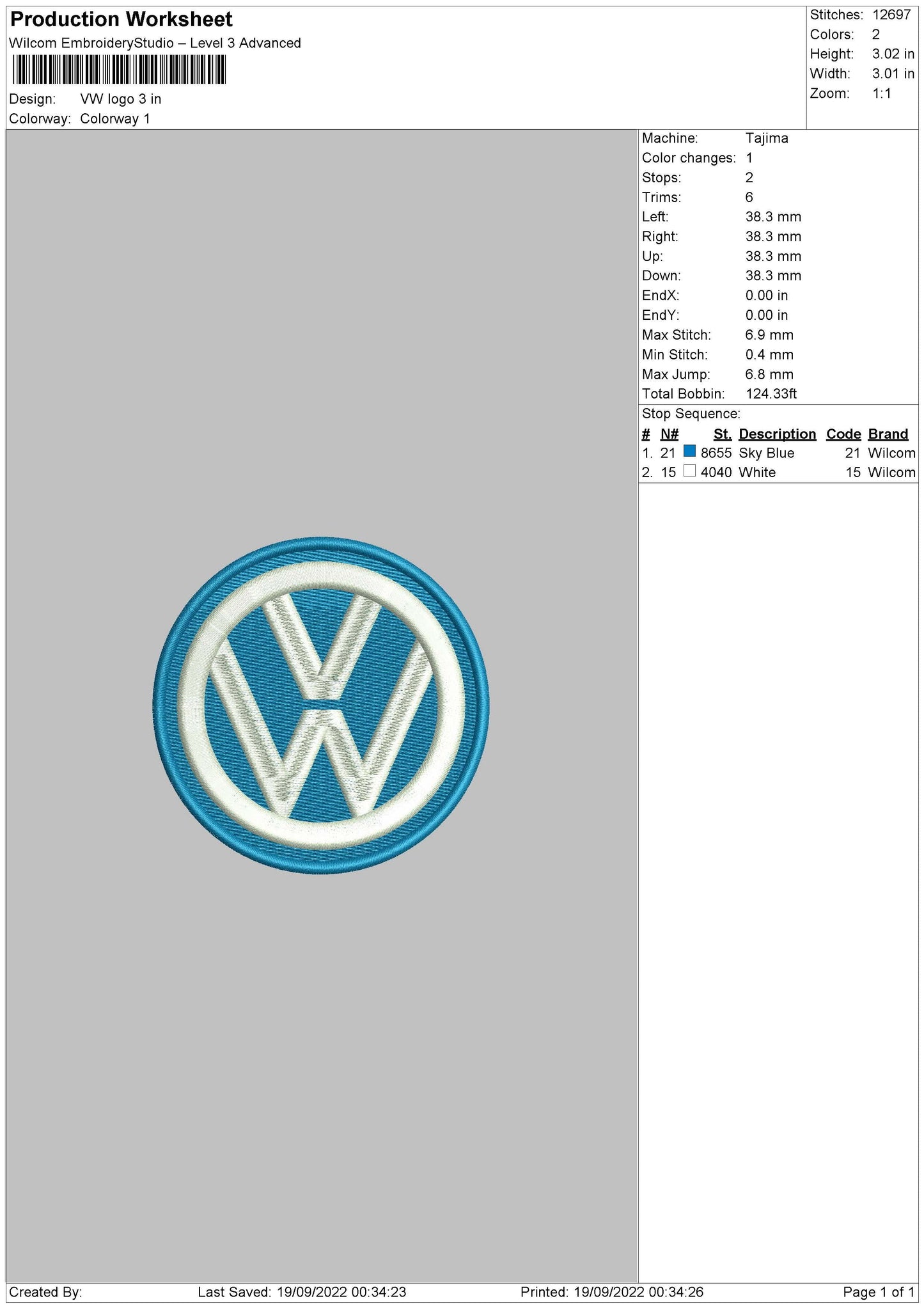 VW Logo Embroidery File 5 sizes