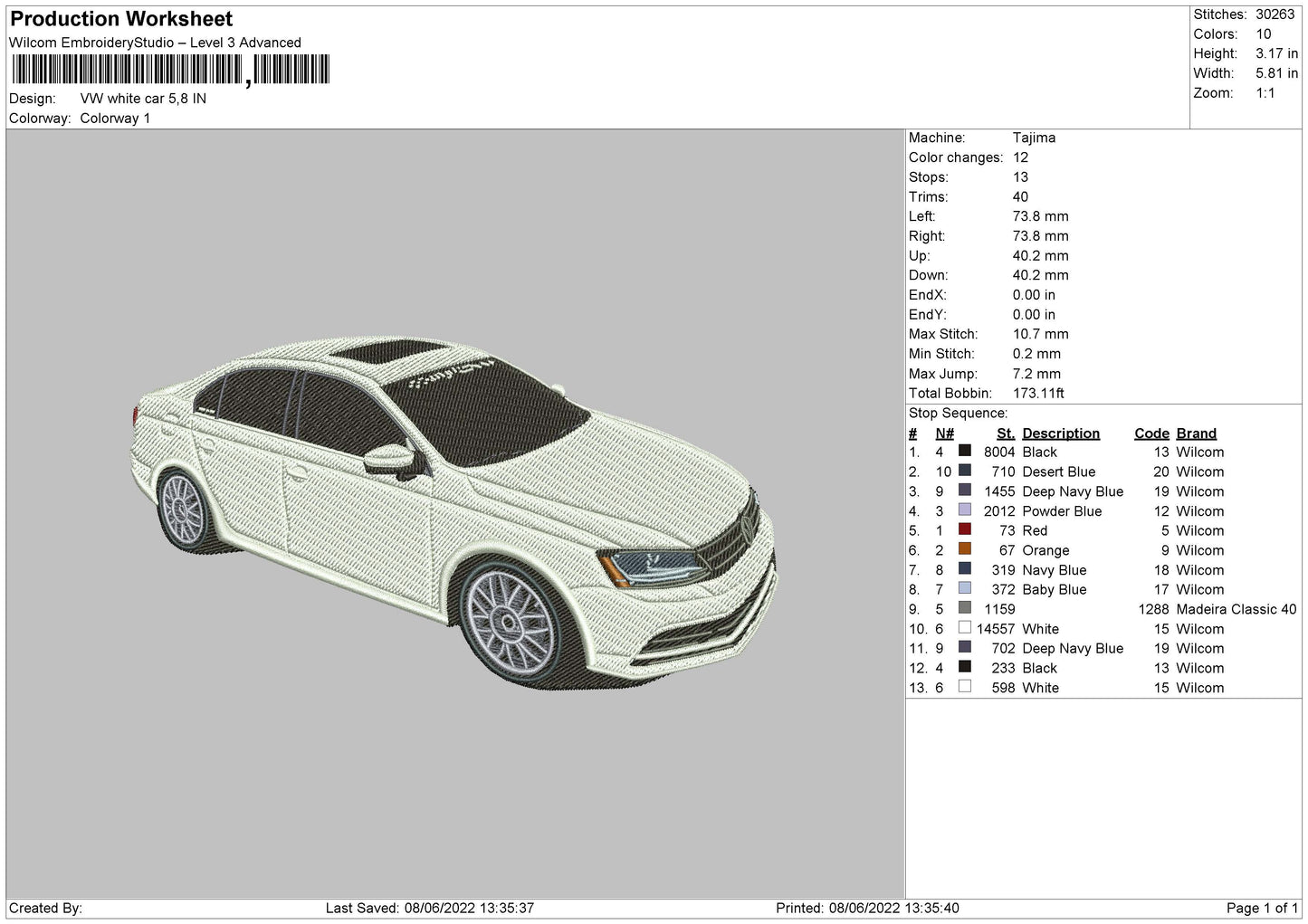 VW White Car Embroidery File 4 size