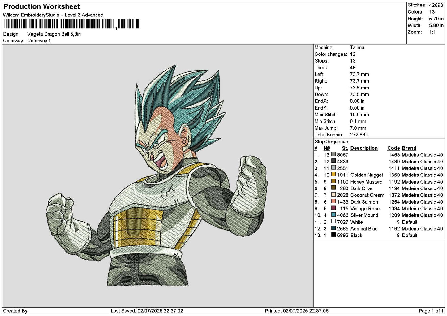 Vegeta0207 Embroidery File 6 sizes