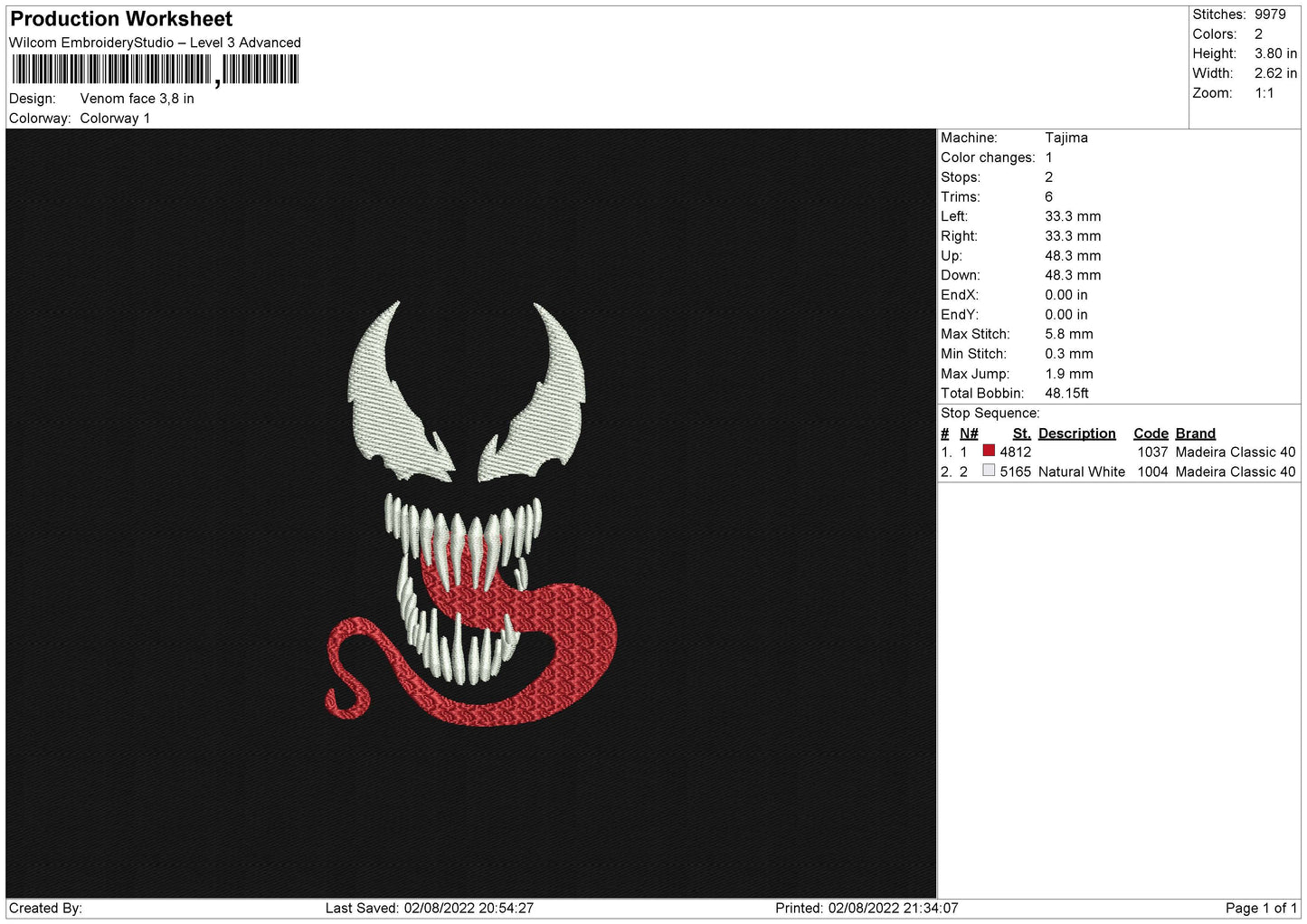 Venom Face Embroidery File 4 sizes