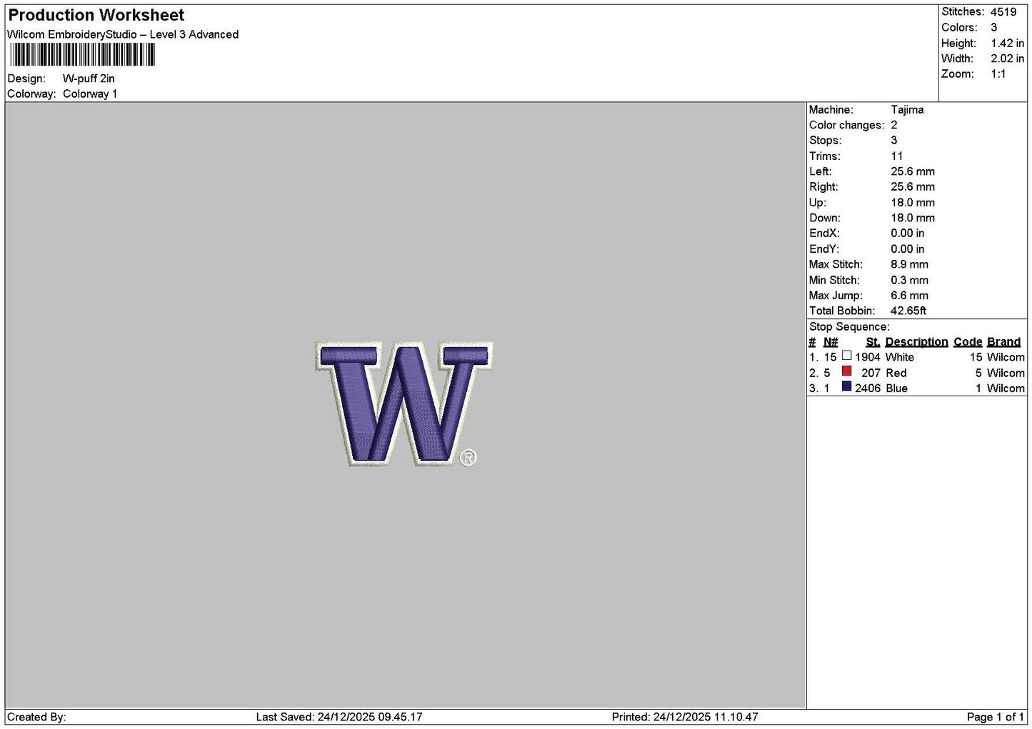 W Puff Embroidery File 6 sizes