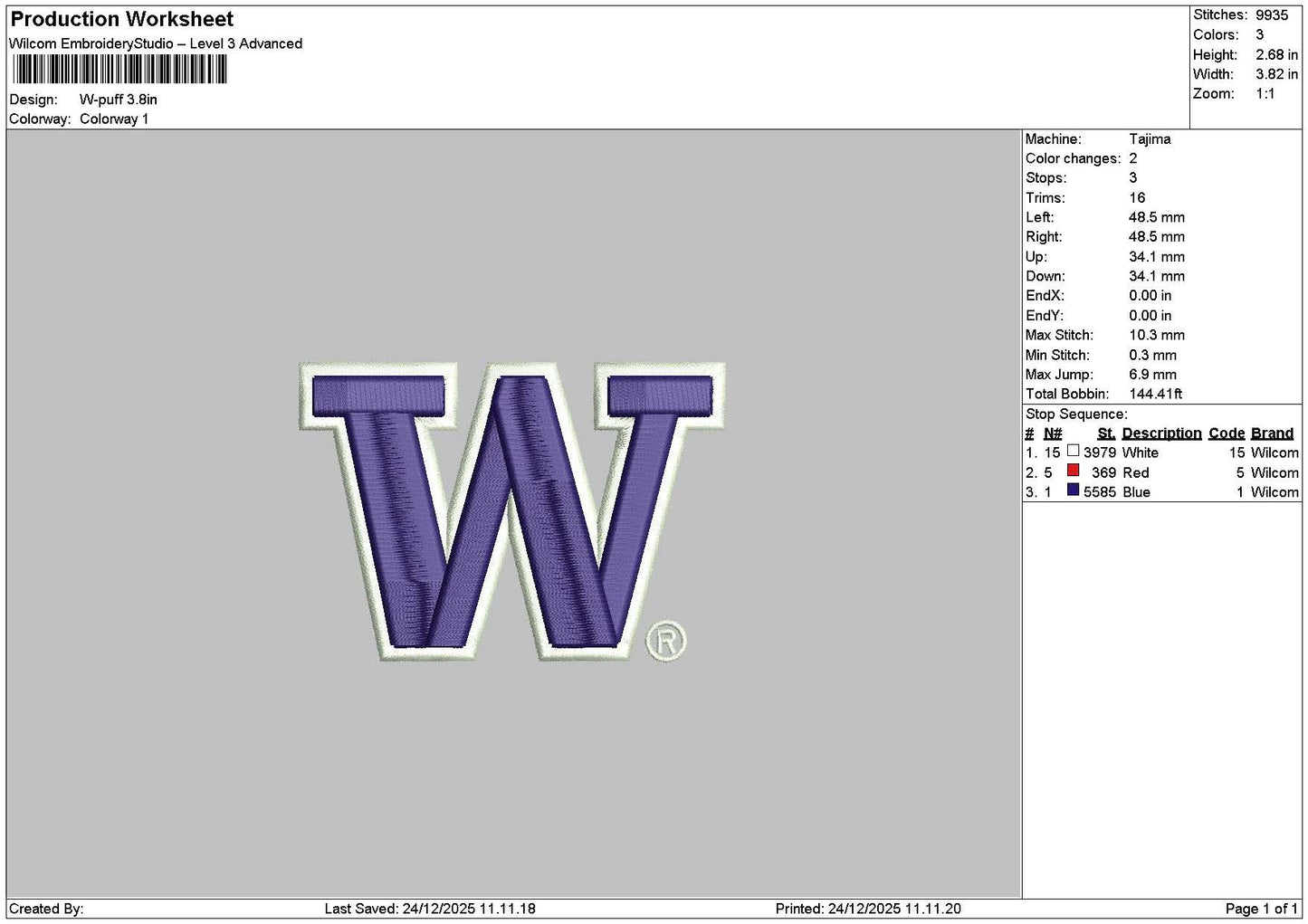W Puff Embroidery File 6 sizes