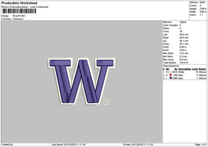 W Puff Embroidery File 6 sizes