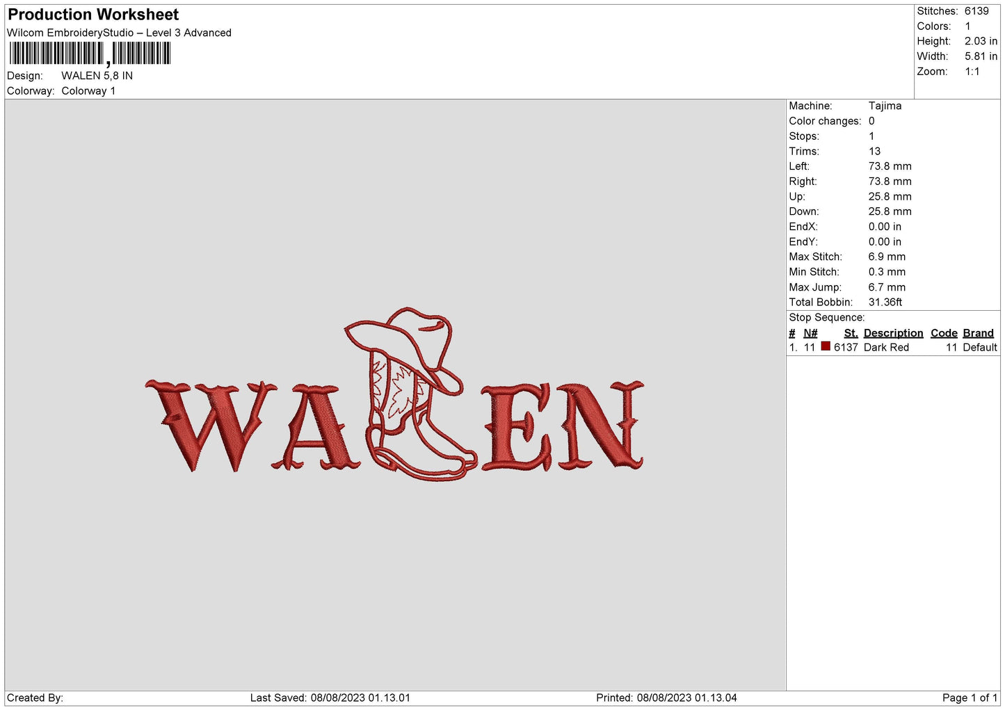 Walen Embroidery File 6 sizes