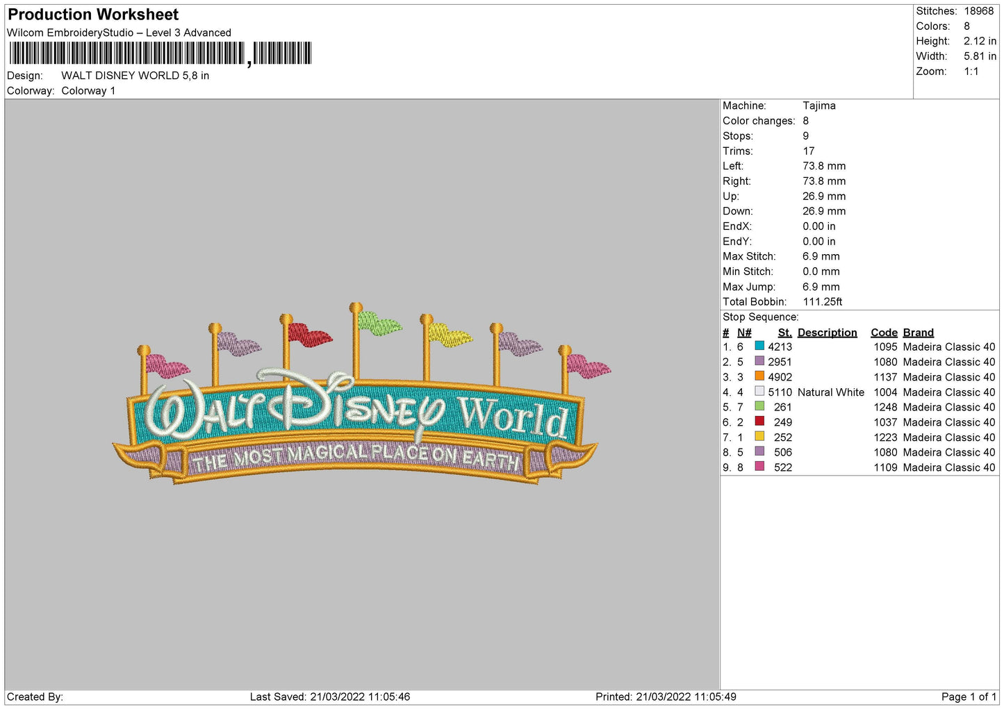 Walt Disney World Embroidery File 4 size