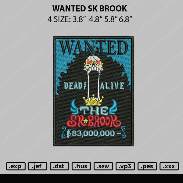 Wanted SK Brook Embroidery File 4 sizes