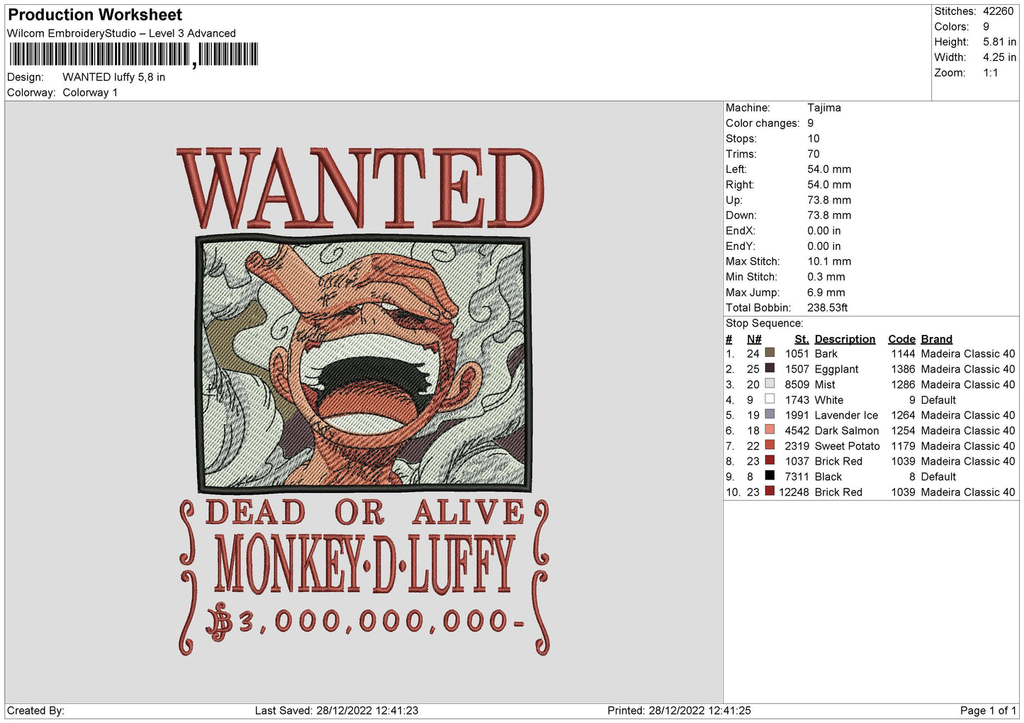 Wanted Luffi Embroidery File 6 sizes