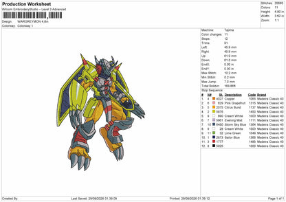 Wargreymon Embroidery Machine Design File 6 sizes