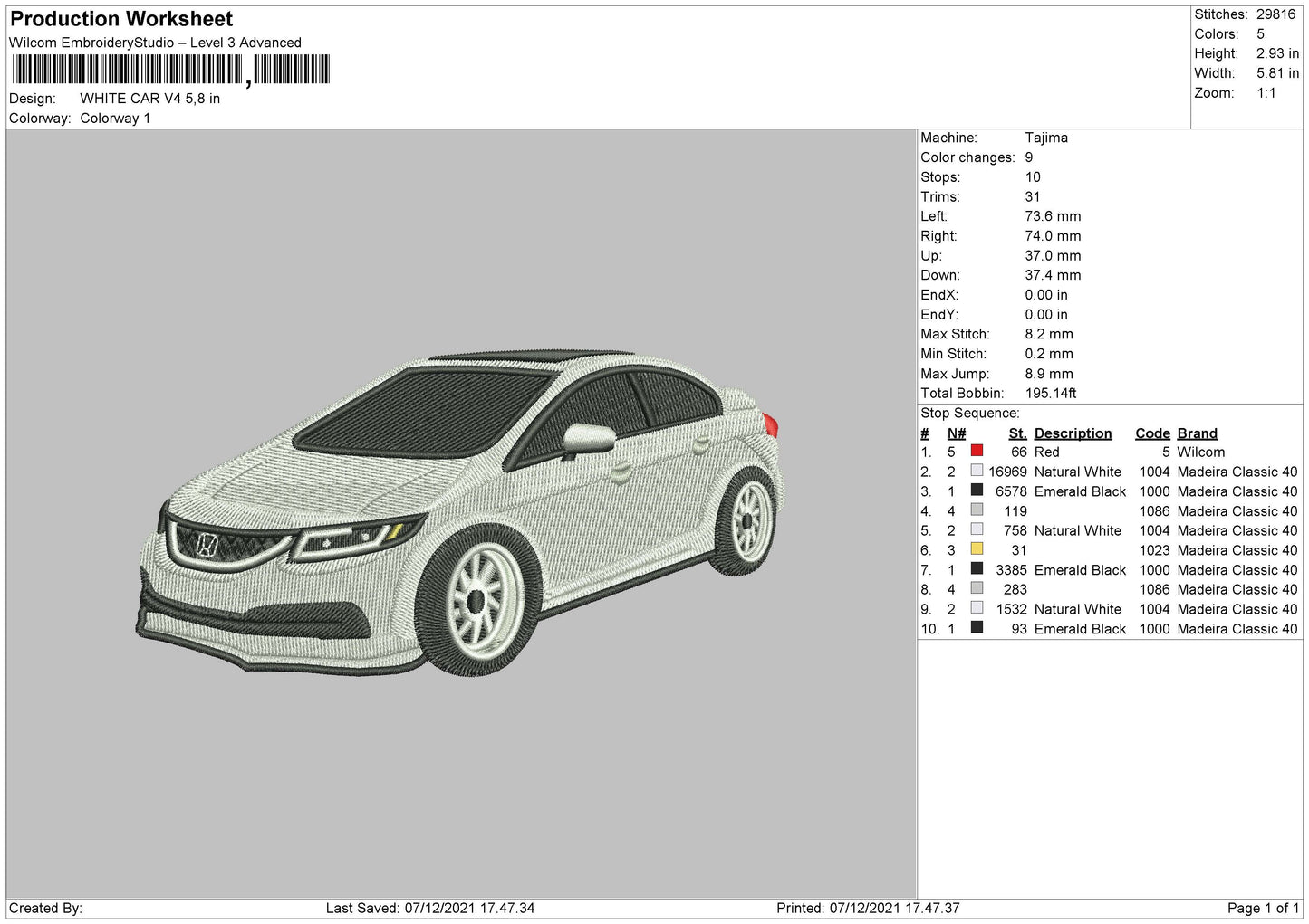 White Car V4 Embroidery File 4 size
