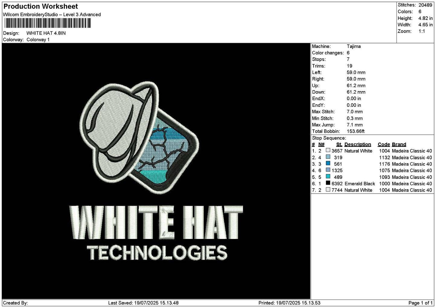 White Hat Embroidery File 6 sizes