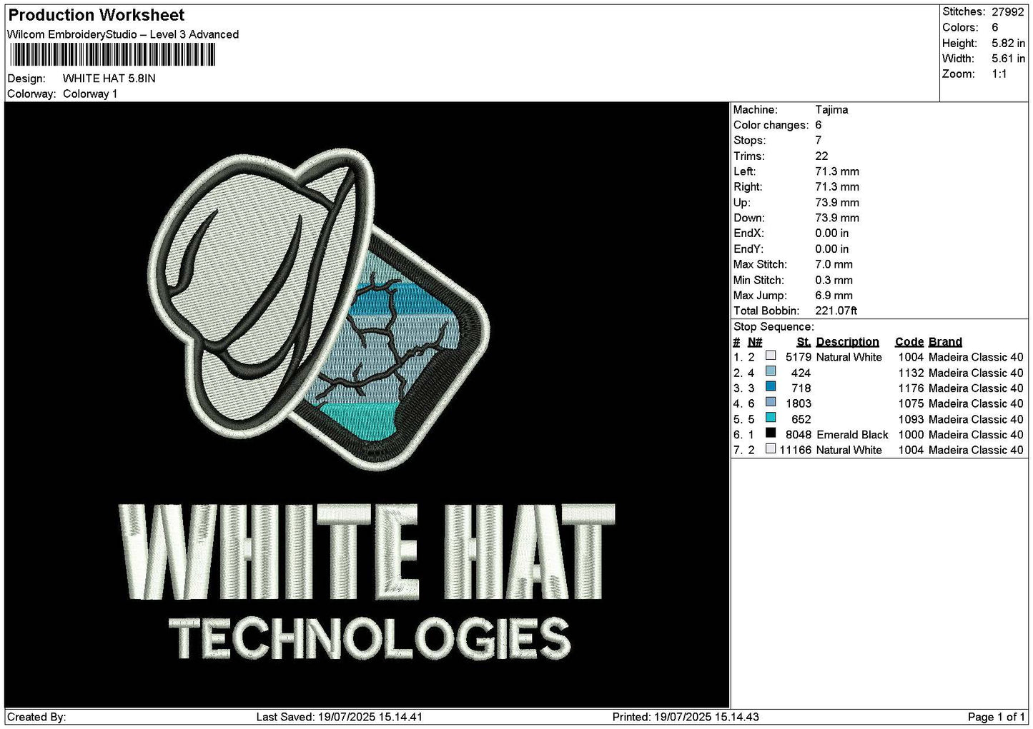 White Hat Embroidery File 6 sizes