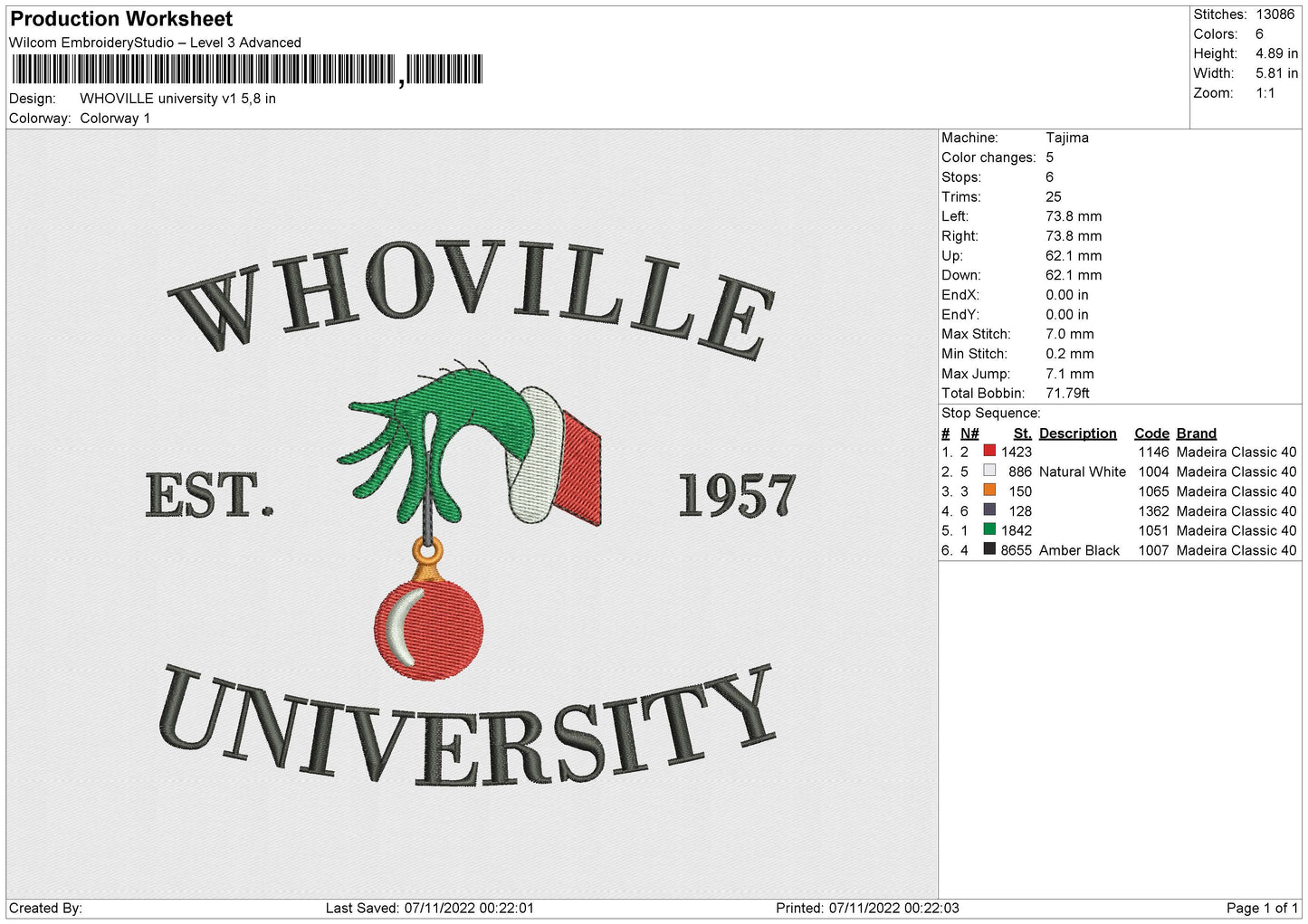 Whoville Univ V1 Embroidery File 6 sizes