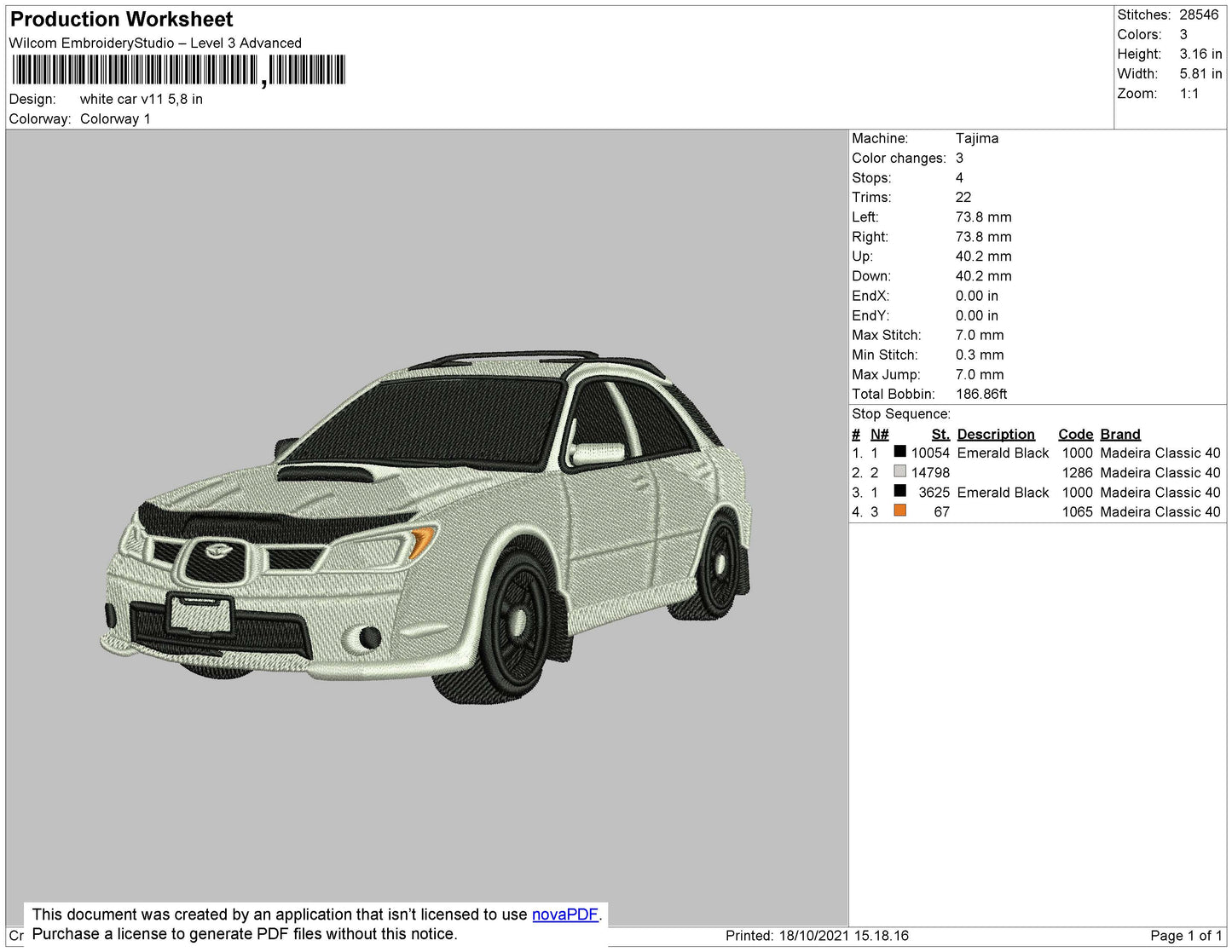 White Car V11 Embroidery File 4 size