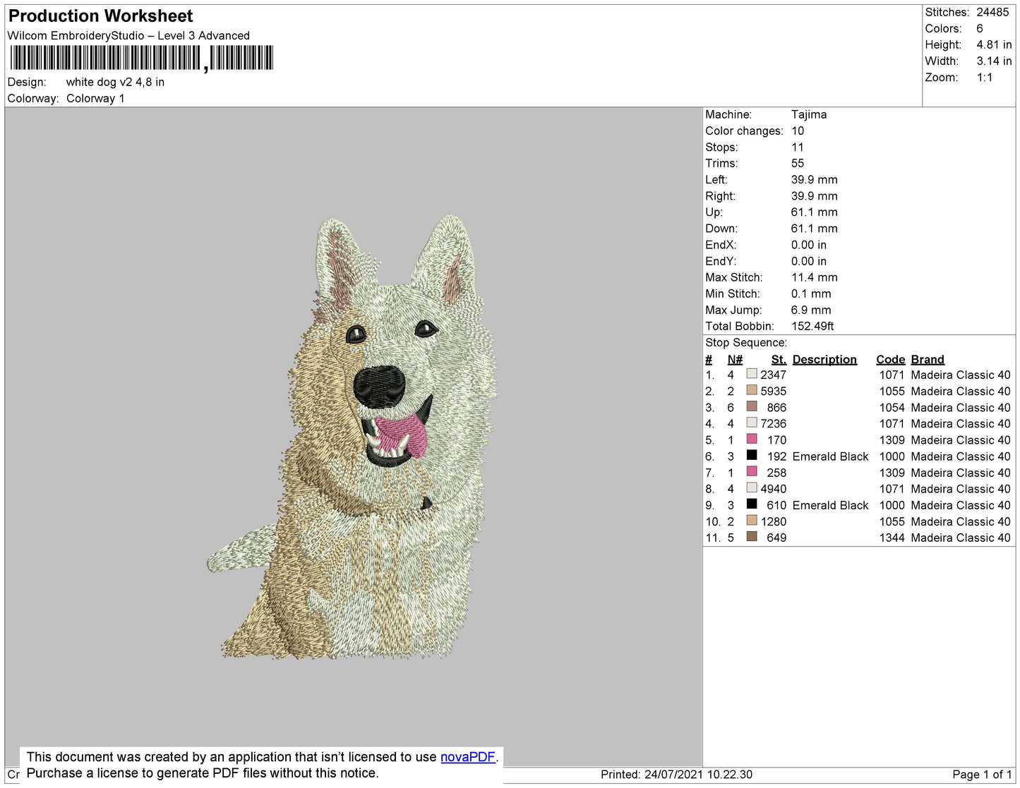 White Dog V2 Embroidery File 4 size