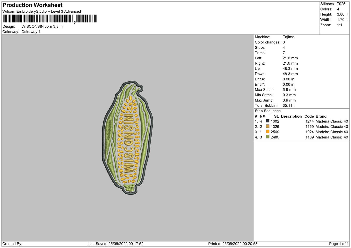 Wisconsin Corn Embroidery File 4 sizes
