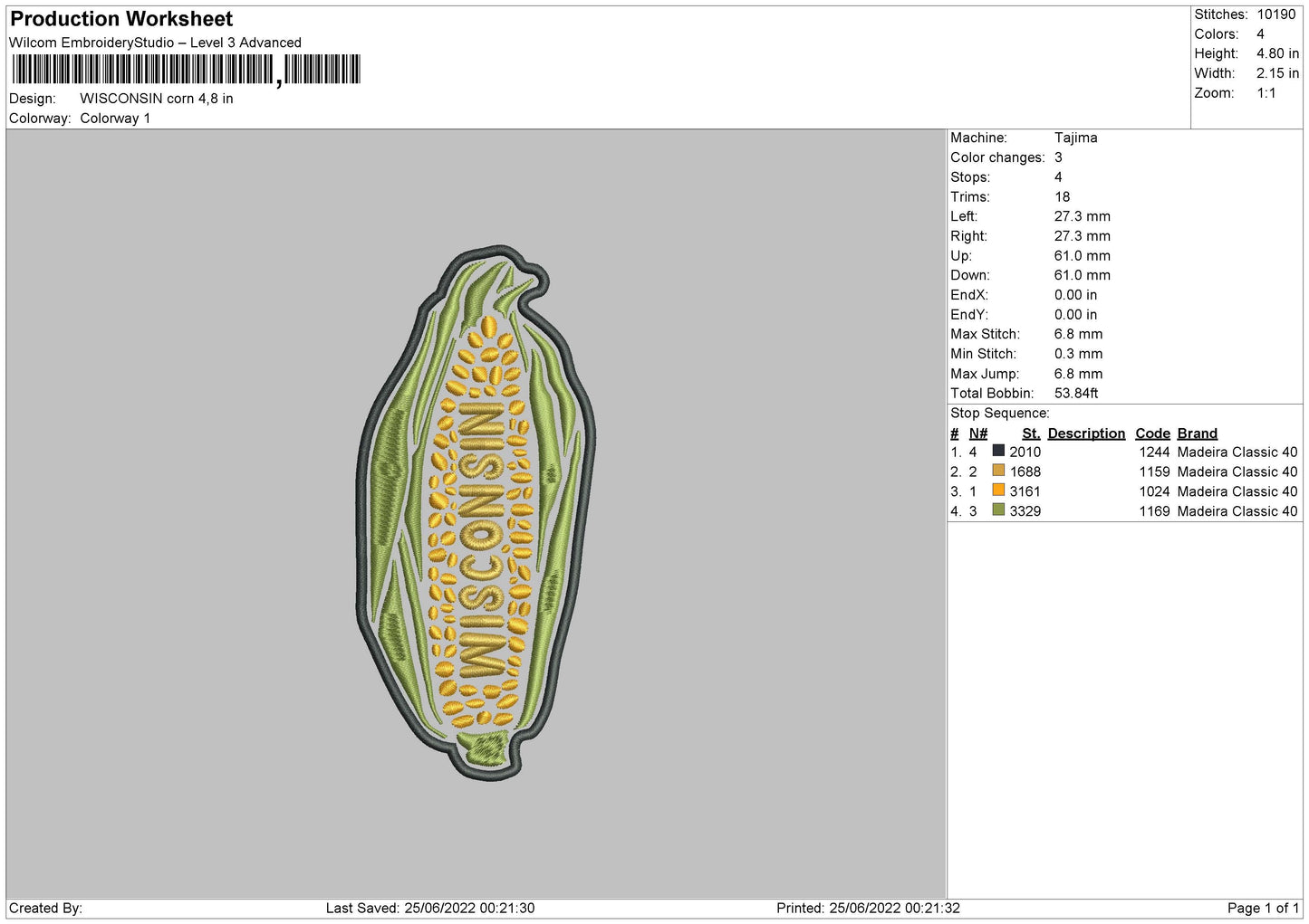 Wisconsin Corn Embroidery File 4 sizes