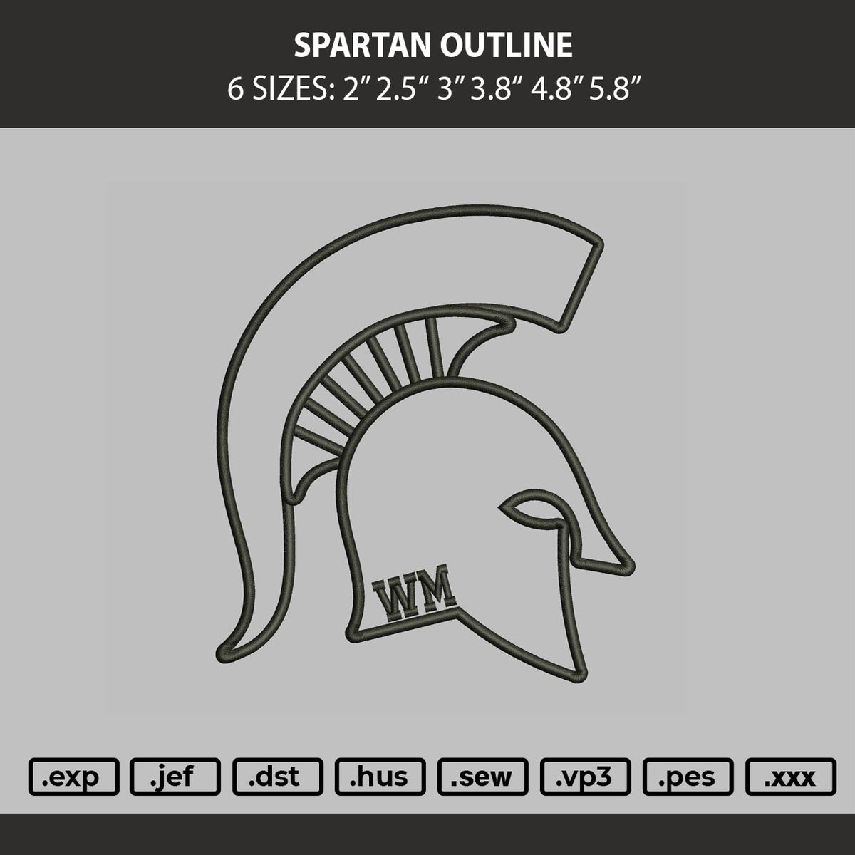 Spartan Outline Embroidery Machine Design File 6 sizes