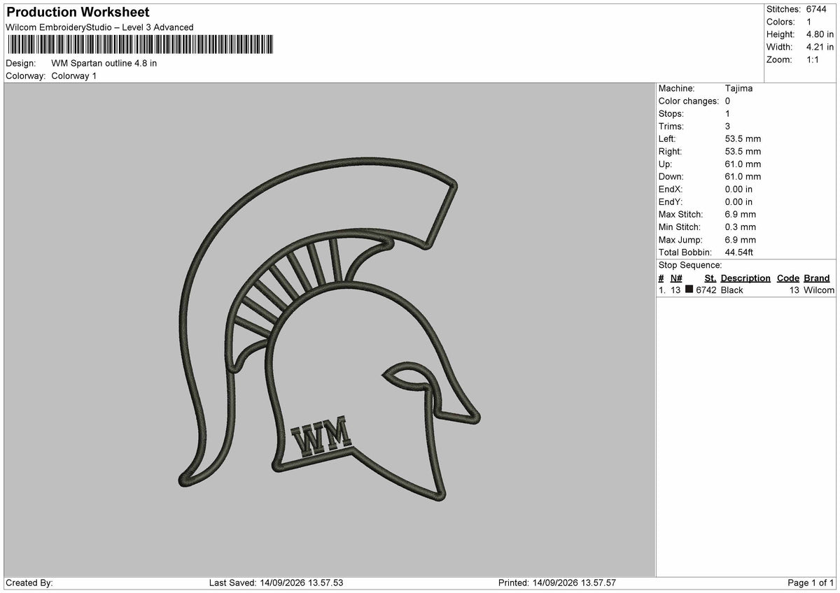Spartan Outline Embroidery Machine Design File 6 sizes