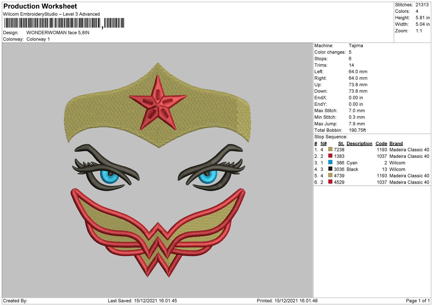 Wonder Woman Face Embroidery File 4 size