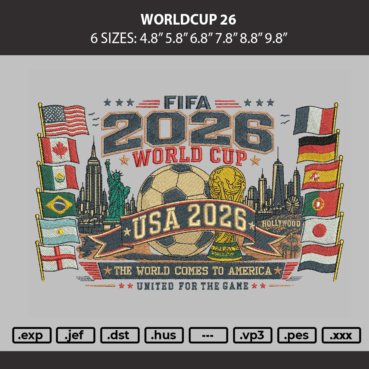 Worldcup 26 Embroidery Machine Design File 6 sizes