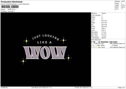 Wow Text Embroidery File 6 sizes