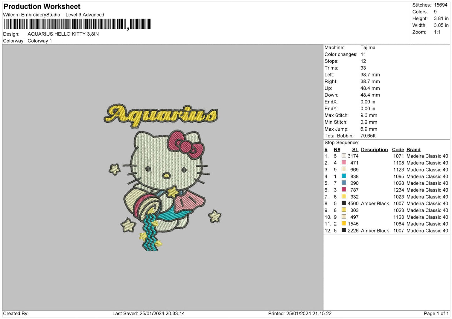 Zodiac Hello Kitty Pt1 Embroidery 6 Files