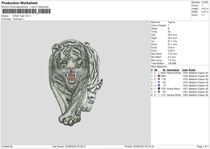 White Tiger Embroidery File 6 sizes