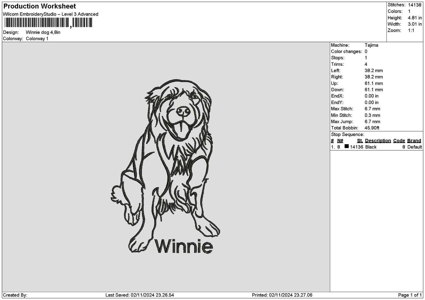 Winnie Dog Embroidery File 6 sizes