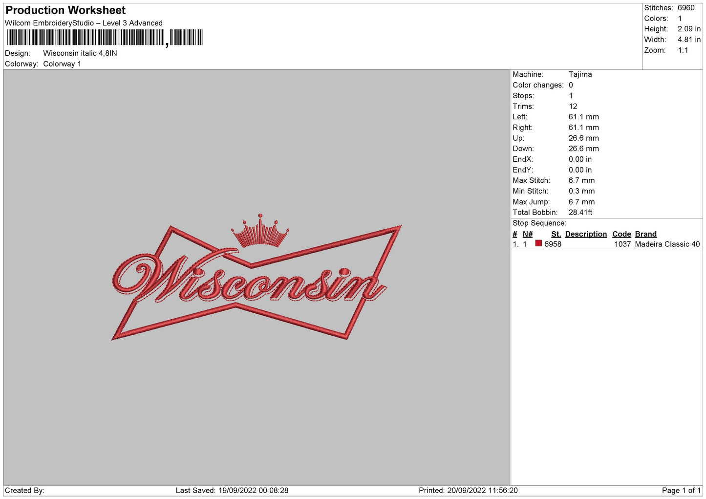 Wisconsin Italic Embroidery File 7 sizes