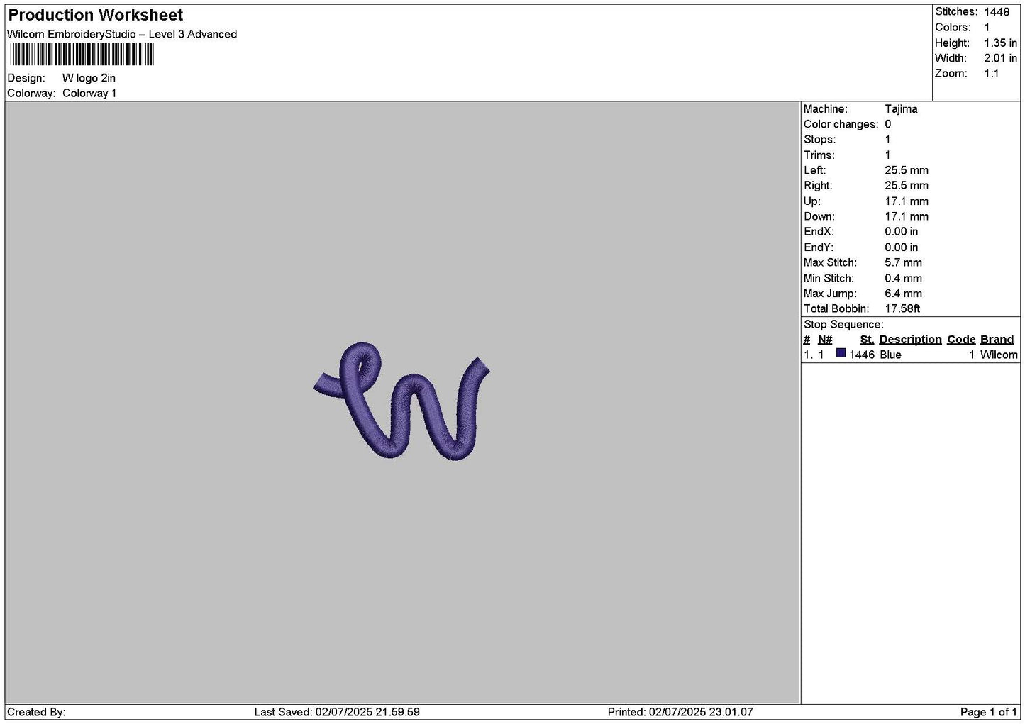 W Logo 0207 Embroidery File 6 sizes