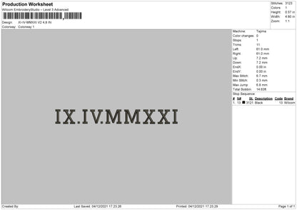 XI IV MMXXI V2 Embroidery File 4 size