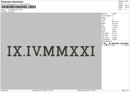 XI IV MMXXI V2 Embroidery File 4 size