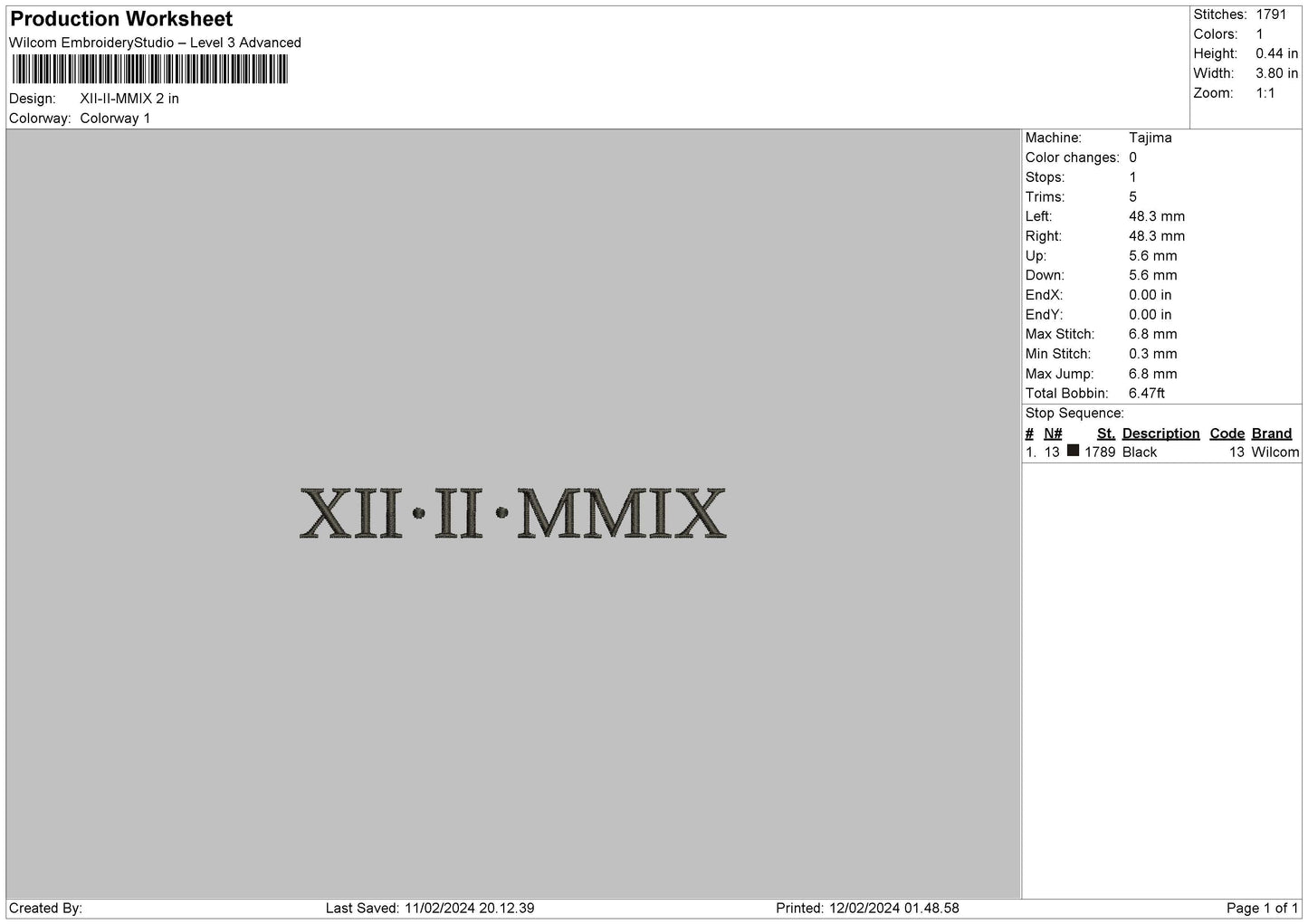 Roman Numerals 1202 Embroidery File 6 sizes