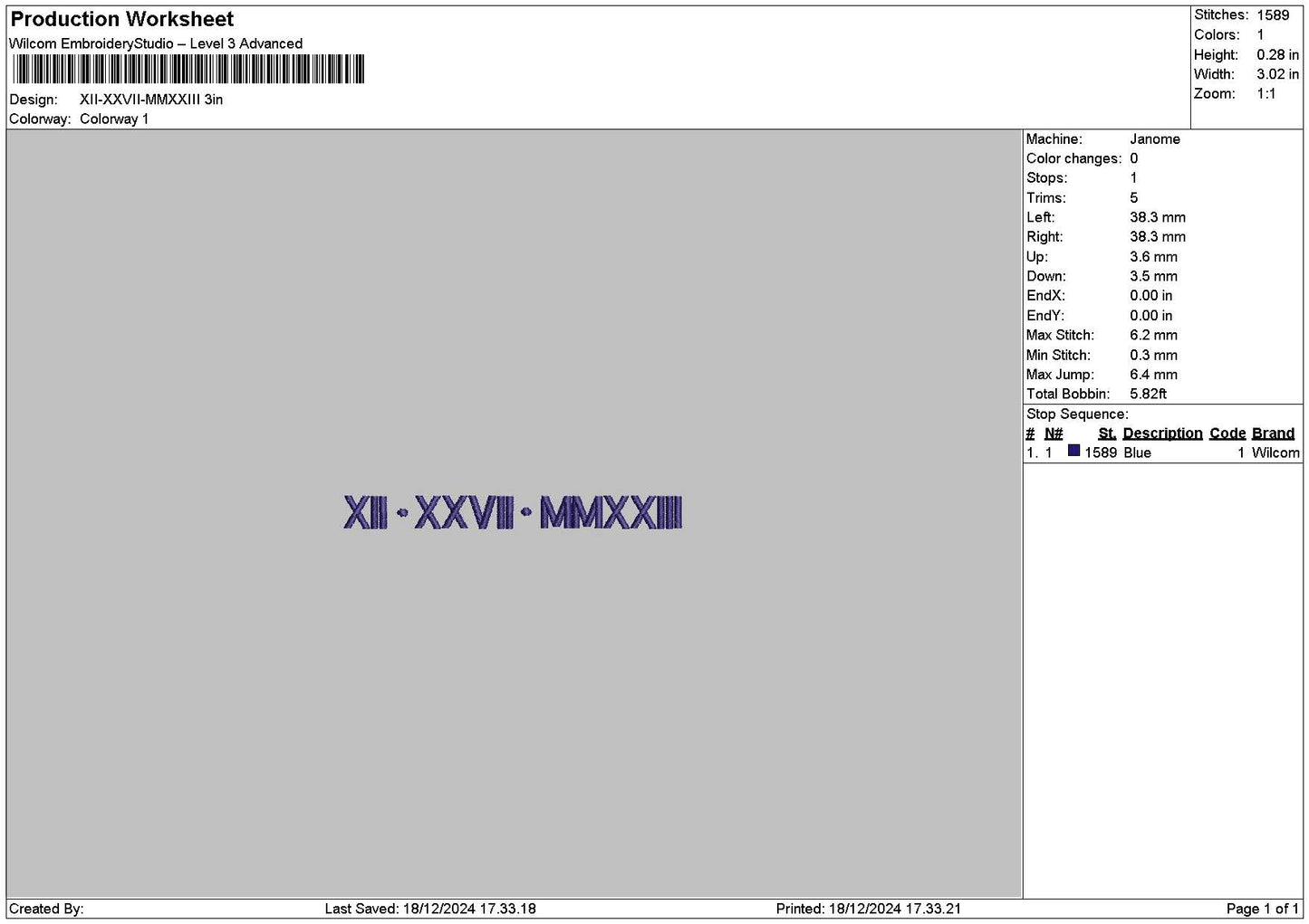 Roman Numerals 1812 Embroidery File 6 sizes