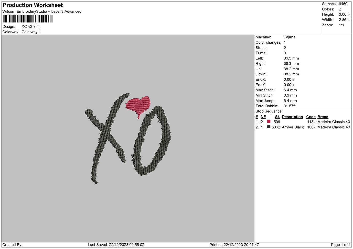 Xo V2 Embroidery File 6 sizes