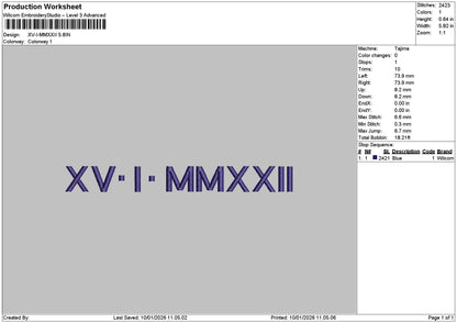 Roman Numerals 0501 Embroidery File 6 sizes